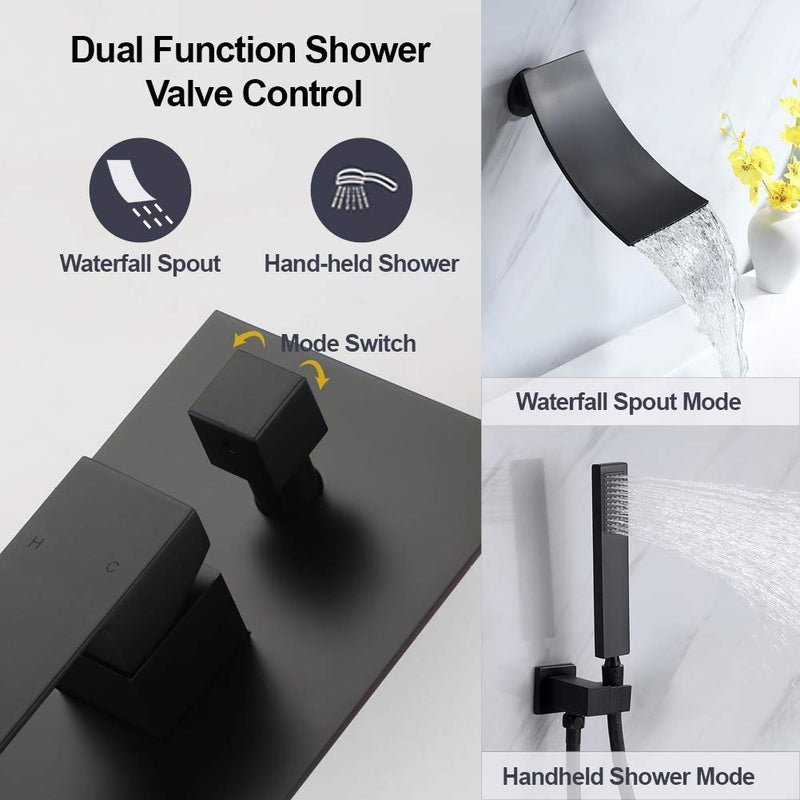 DEOLER Wall Mount Bathtub Faucet with Handheld Shower, Matte Black Single Handle Bathroom Waterfall Tub Filler Solid Brass Tub Shower Faucet Set Rough-in Valve Trim Kit - Image 4